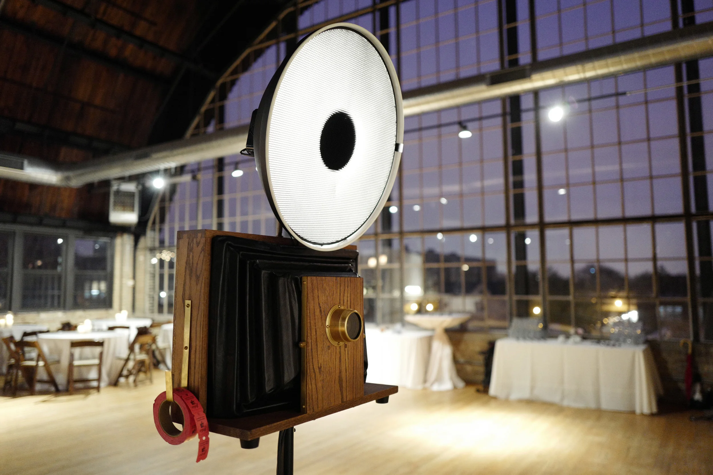 Fotio all setup for the wedding reception at Ravenswood Event Center Atrium Loft.