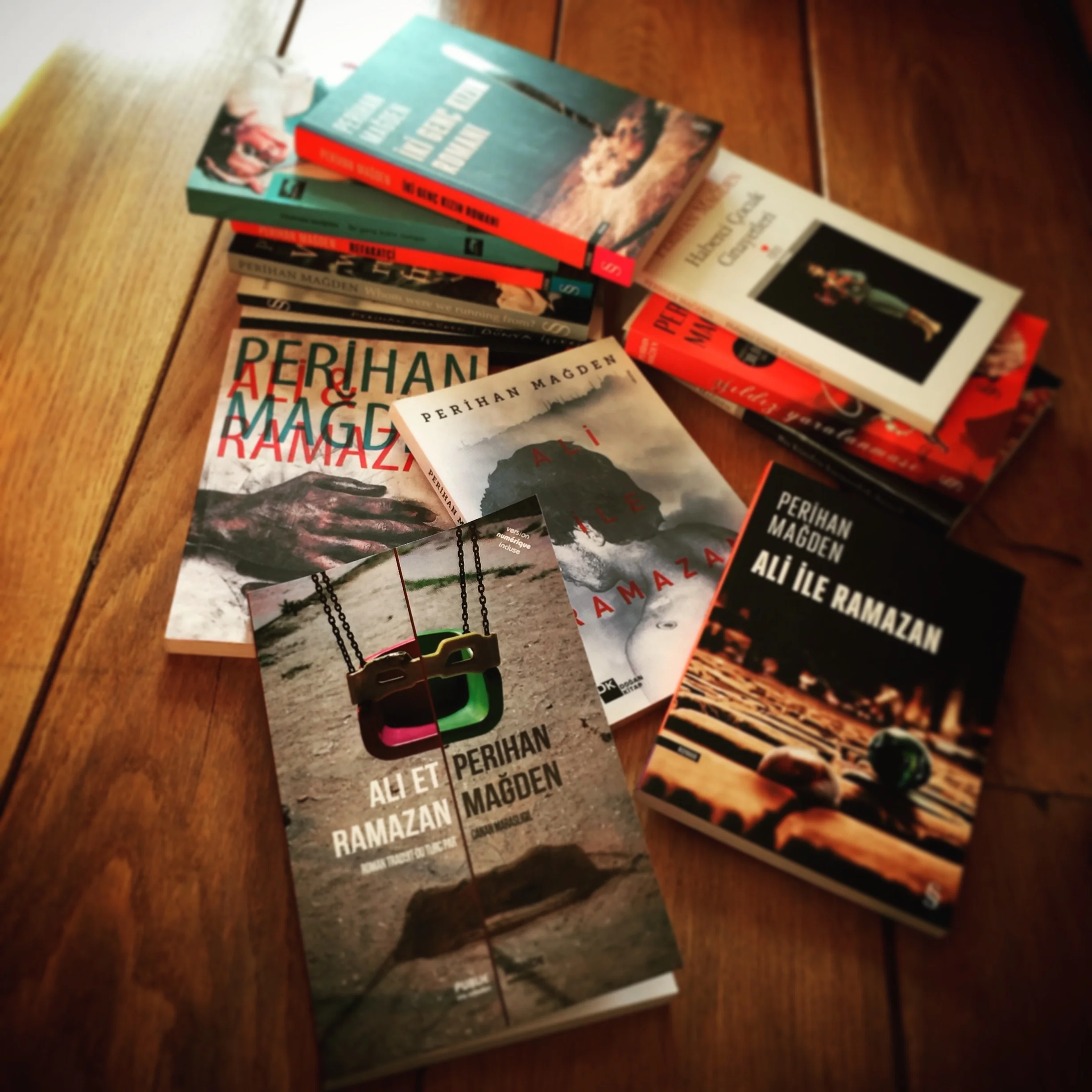 Les romans de Perihan Mağden et les différentes couvertures de Ali et Ramazan (version française, photo de Annakarin Quinto, paru chez Publie.Net)