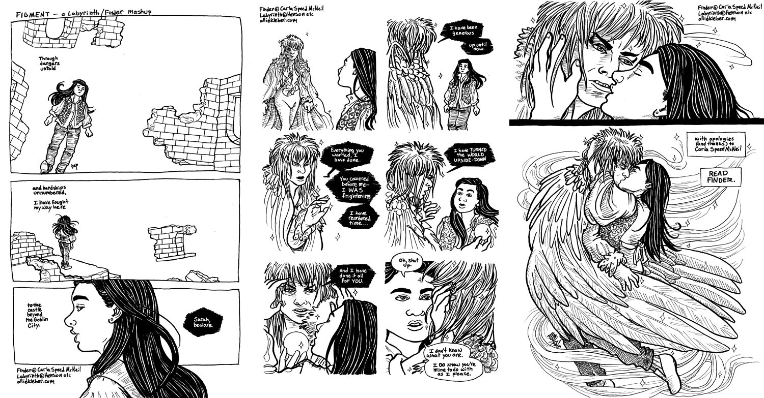  Just for fun and practice, I drew a three-page mash-up of the 1986 film  Labyrinth  and Carla Speed McNeil's incredible comic,  Finder  (specifically, three pages from  Dream Sequence ). 