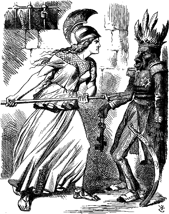 A cartoon depicting the British threatening Emperor Tewodros II