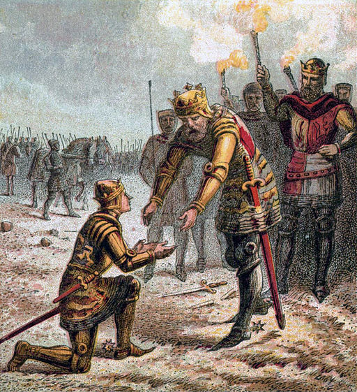 Edward III proudly receives his son, Edward the Black Prince, after success in the 1346 battle of Crécy. Edward the Black Prince did not survive his father though. Source: public domain image.