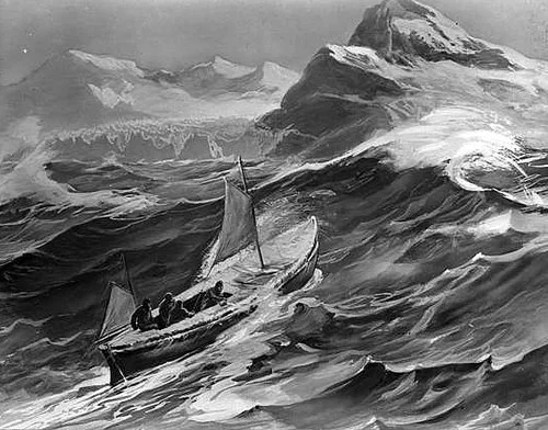 In Sight of Our Goal - Nearing South Georgia. This artwork was published in the United States in Ernest Shackleton's book, South, in 1919.
