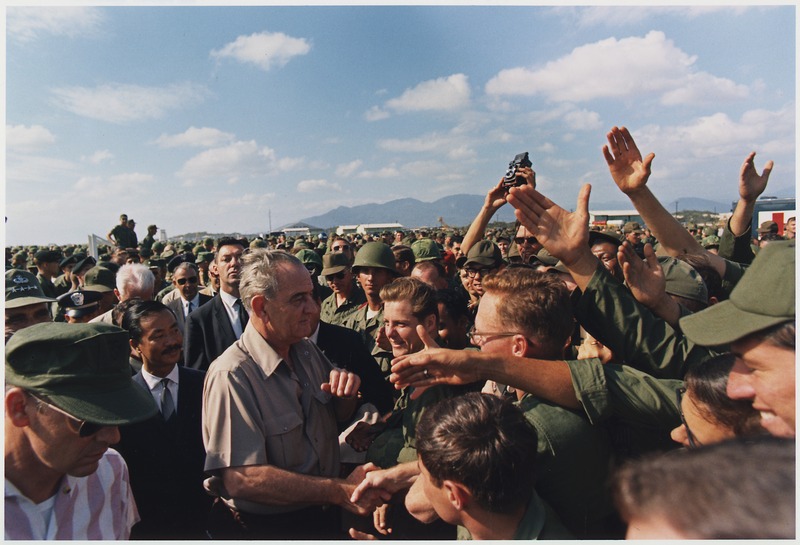 President Lyndon B Johnson greets troops in Vietnam. December 1967.