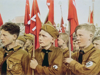 Members of the Hitler Youth (Hitler Jugend) in 1933. Those in the photo were too young to have been in the Freikorps in the years immediately after World War I, but the Hitler Youth organization was influenced by the Freikorps.