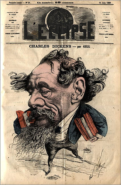A caricature of Charles Dickens. L'Eclipse, June 14, 1868.