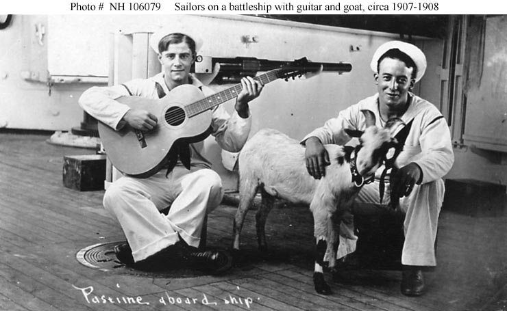 Sailors with a goat mascot during the Great White Fleet world cruise, circa 1907-1908.