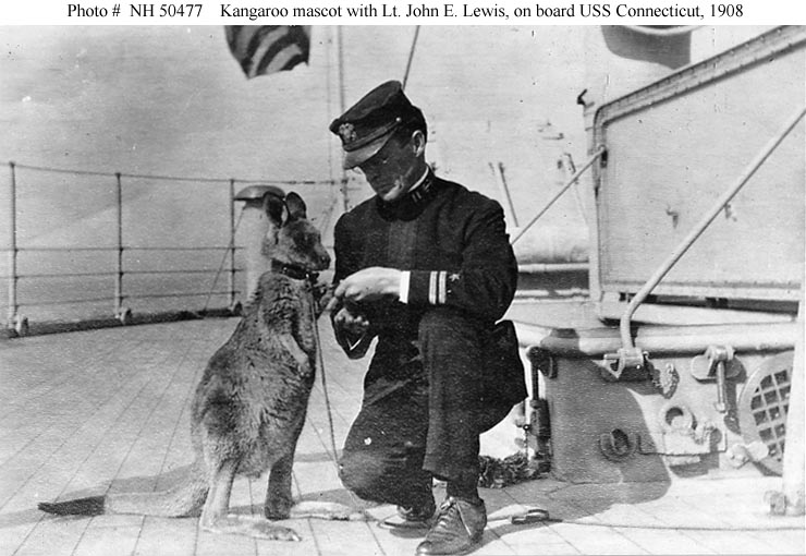 Lieutenant John E. Lewis with a kangaroo on board USS Connecticut , circa 1908.