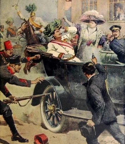 Gavrilo Princip assassinating Archduke Franz Ferdinand. By Achille Beltrame and published in the Domenica del Corriere newspaper.