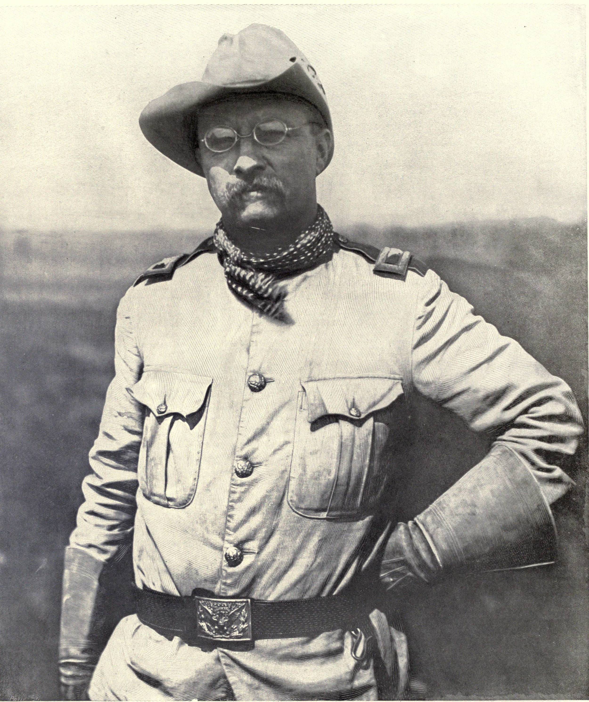 Theodore Roosevelt when in the Rough Riders during the 1898 Spanish-American War. From Harper's Pictorial History of the War with Spain, Volume II . Published in 1899.