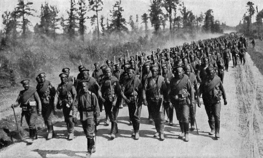 Russian troops on the move to the front line. From National Geographic magazine, volume 31. 1917.