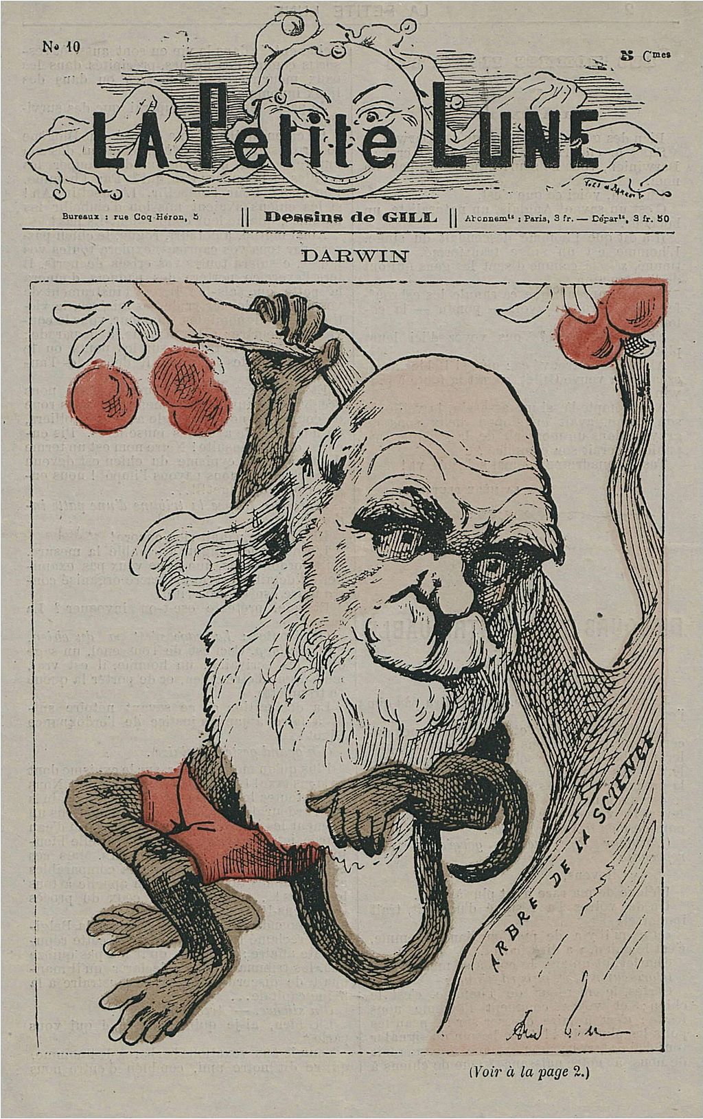 Charles Darwin depicted as a monkey on a tree in La Petite Lune (1878).