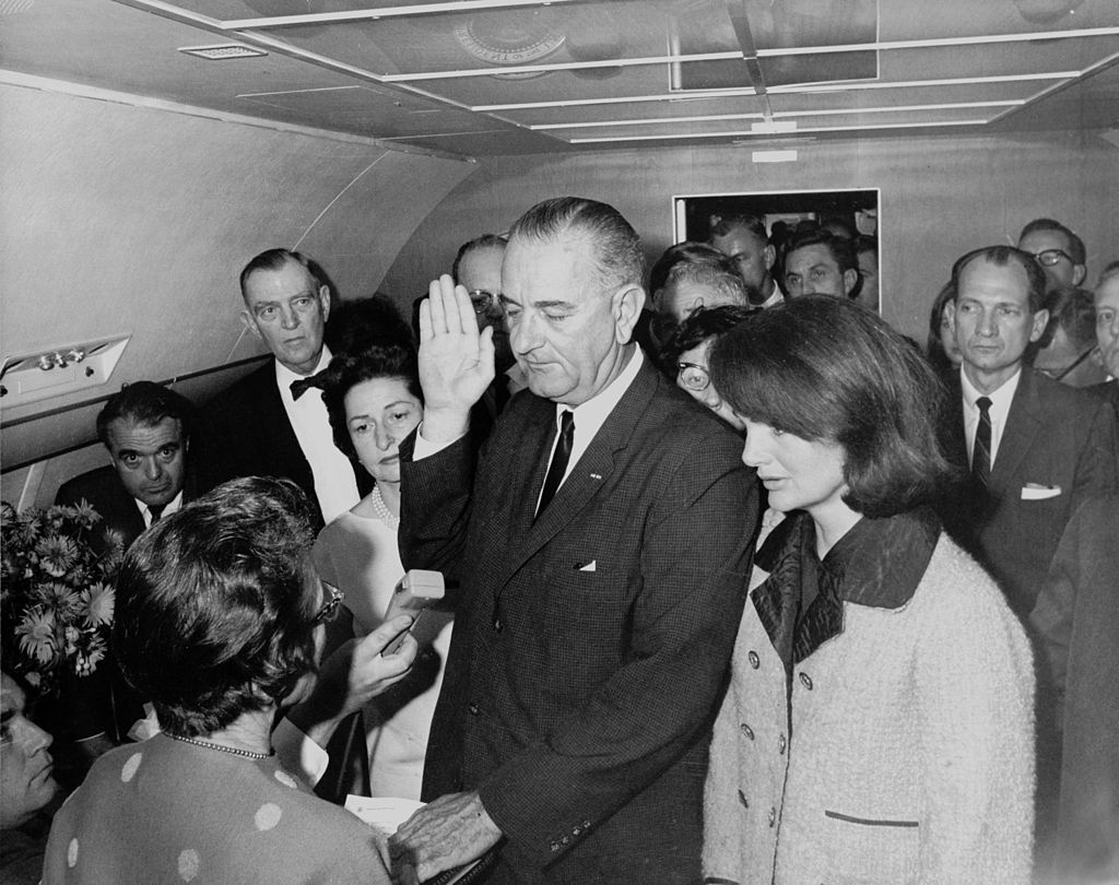 The swearing in of Lyndon B. Johnson in November 1963.