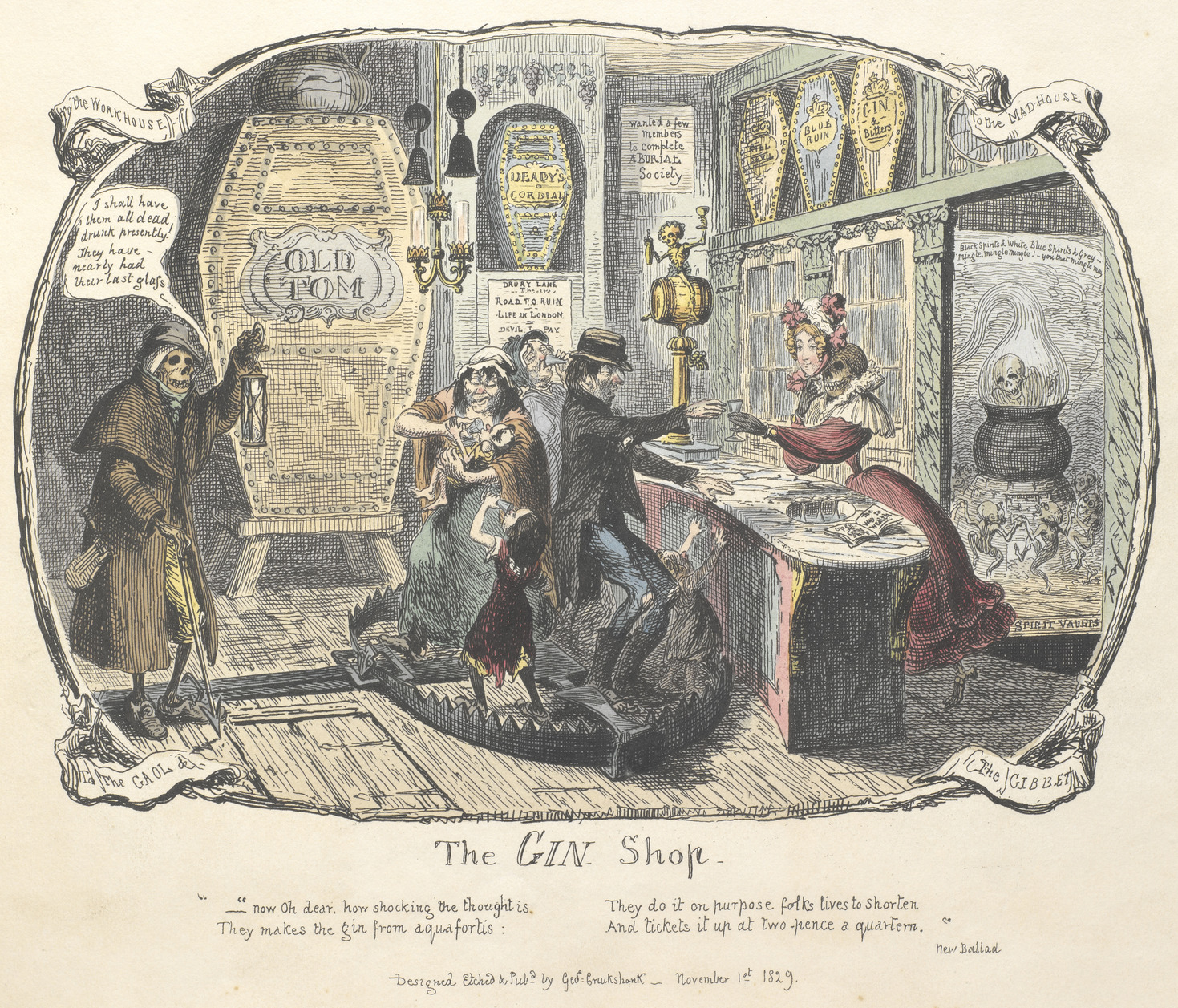 The Gin Shop , a cartoon about drinking too much. By George Cruikshank, 1829.