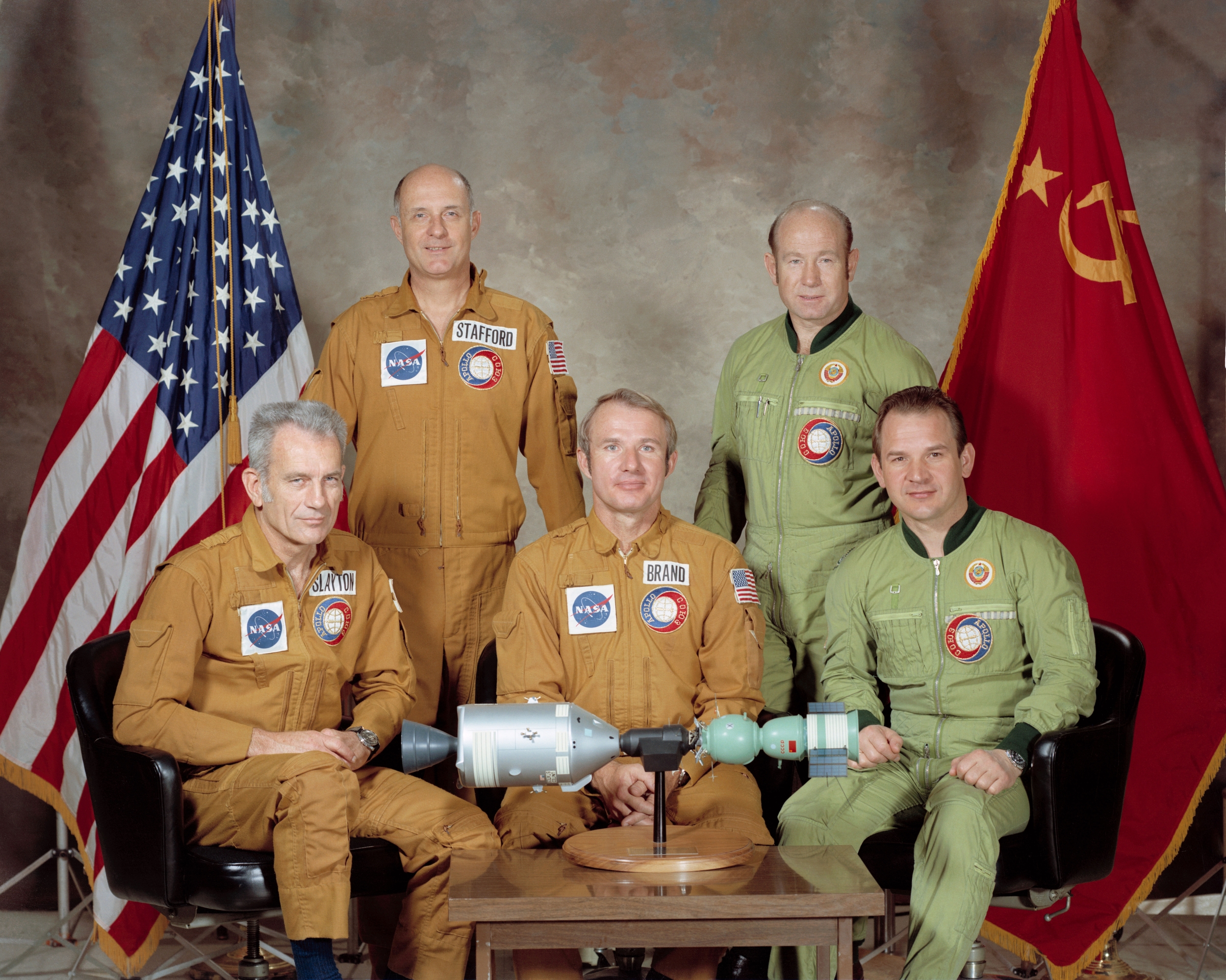 The joint U.S.-Soviet crew of the 1975 Apollo-Soyuz Test Project, the first two-nation cooperative space mission.