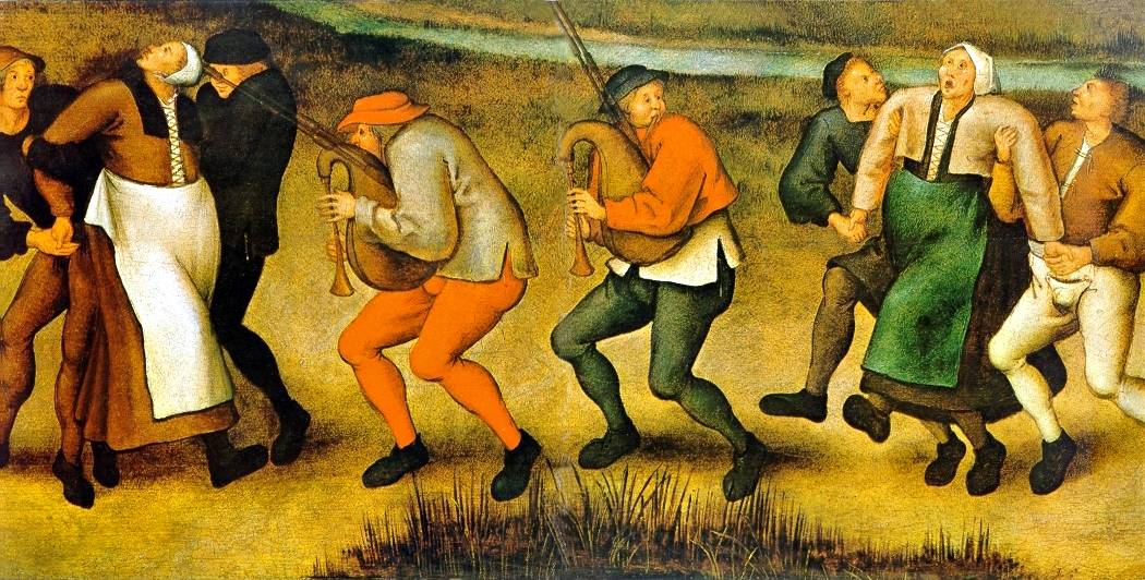 A depiction of a dancing plague in Molenbeek (modern-day Belgium) by Pieter Brueghel the Younger.