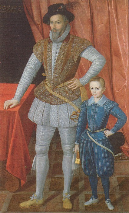 Sir Walter Raleigh and his son Walter. 1602.