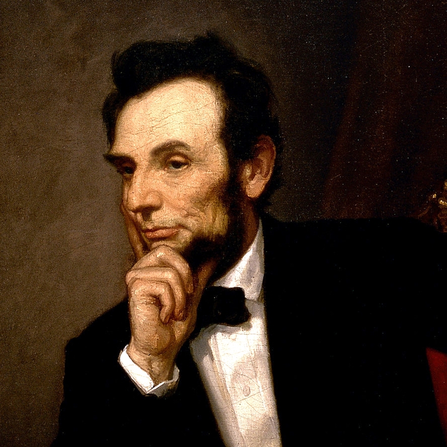A close-up of the official White House portrait of President Abraham Lincoln.