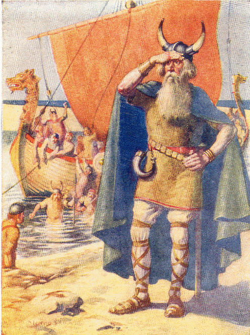 Leif Ericsson on the shore of Vinland (Newfoundland). From a book by Mary McGregor, Stories of the Vikings .