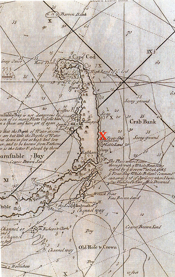 The location of the wreckage of the Whydah Galley in Wellfleet, Massachusetts, Cape Cod.