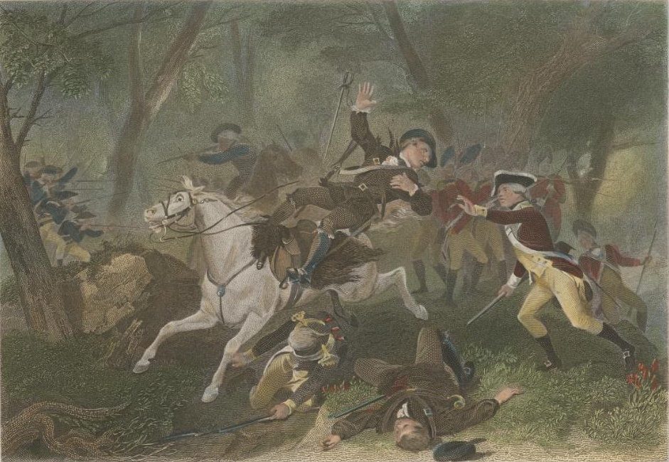 The death of British Major Patrick Ferguson at the Battle of Kings Mountain in October 1780. The Ulster Scots played a key role in this battle. Engraving by Charles Henry Jeens and painting originally by Alonzo Chappel.