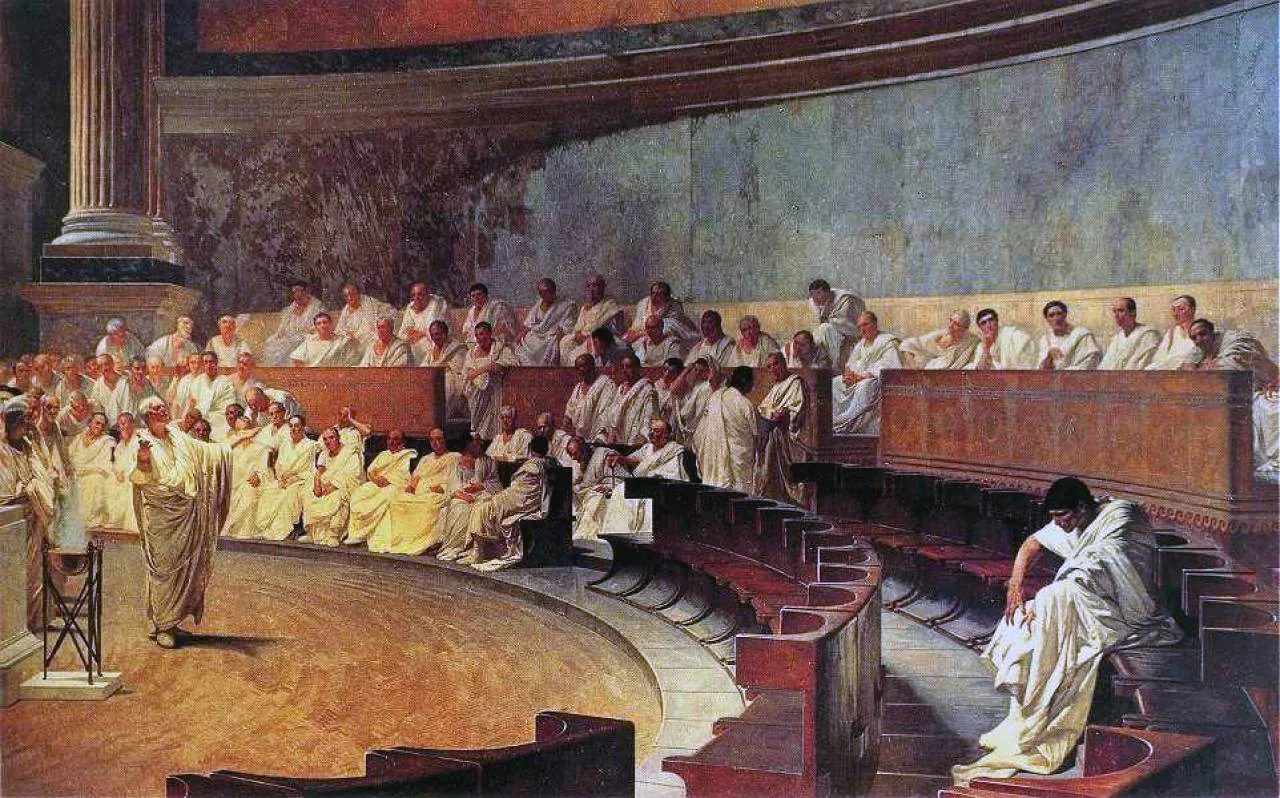 a 19th-century depiction of the Roman Senate by Cesare Maccari. The painting is called Cicero attacks Catiline .