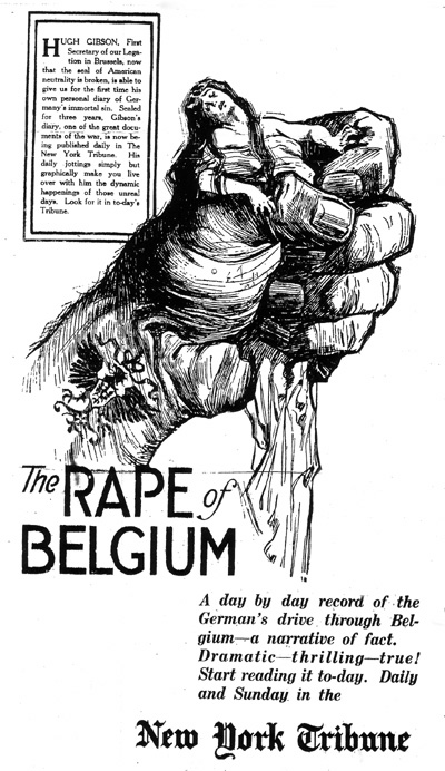 A newspaper image of “The Rape of Belgium”, related to the German invasion of Belgium in 1914.