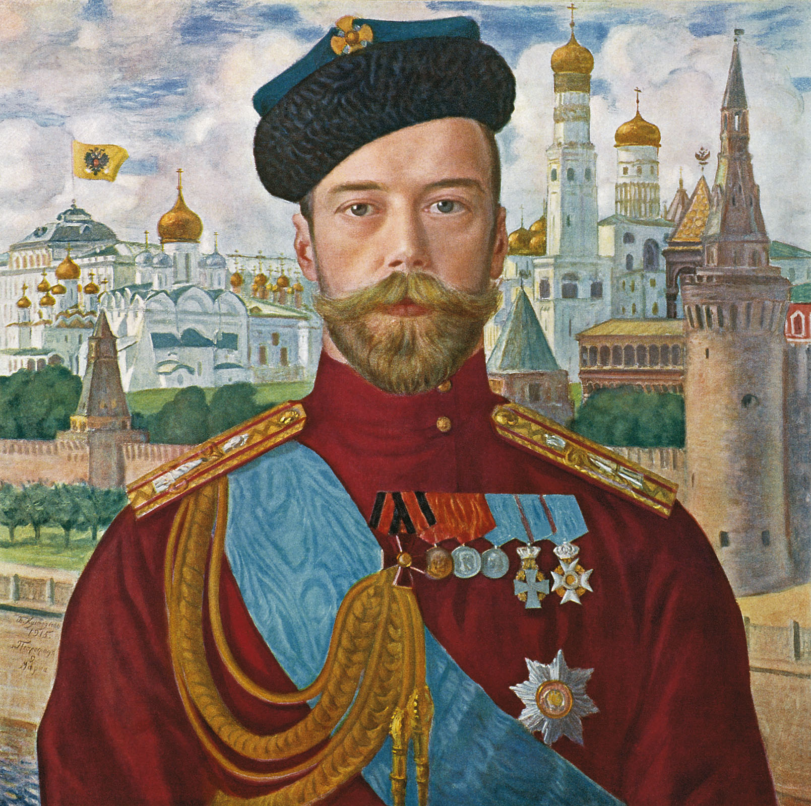 A 1915 painting of Tsar Nicholas II of Russia by Boris Kustodiev.