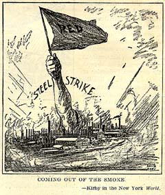 A drawing depicting the Steel Strike of 1919. From New York World, October 11, 1919.