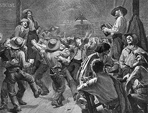 “The Miner’s Ball,” by Andre Castaigne, depicting a dance among during the 1849 California Gold Rush.