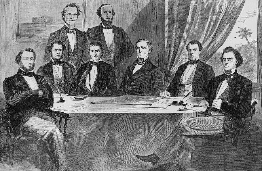 The Confederate Cabinet from Harper’s Weekly , June 1861, including Confederate President Jefferson Davis in the center-right of the picture.
