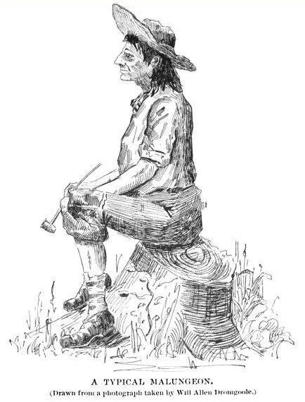 An image entitled "A typical malungeon", published in August 1890 in the  Nashville Sunday American . It is based on a drawing by Will Allen Dromgoole, available  here .