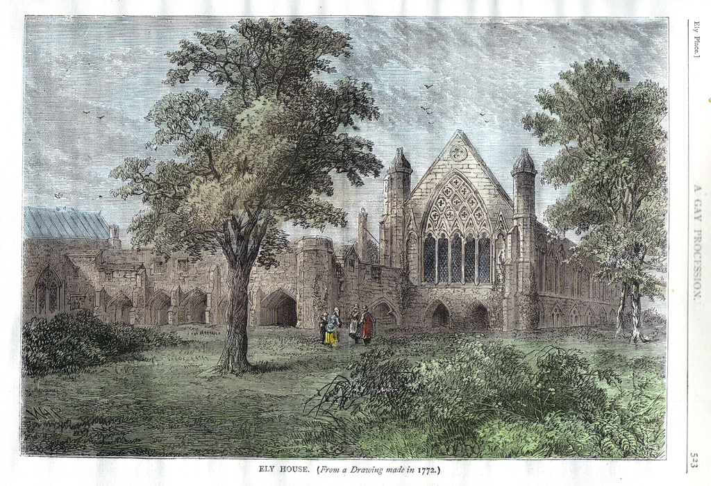 An engraving of Ely House in London, including St. Etheldreda's chapel, which was visited by John Rooney to find a patient in more recent times. Engraving by William Henry Prior and based on a 1772 drawing.