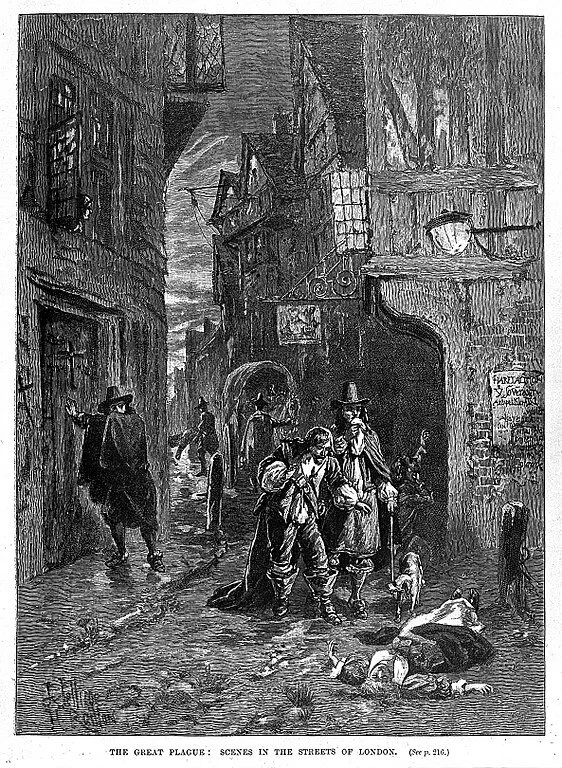 Two men discovering a dead woman in the street during the Great Plague of London, 1665. Wood engraving by J. Jellicoe. Source: Wellcome Trust, available  here .