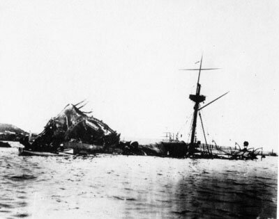The sunken USS Maine in Havana harbor, leading to the 1898 Spanish-American War.