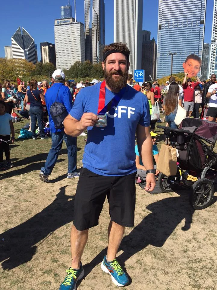 Scott after finishing the Chicago Marathon in 2015