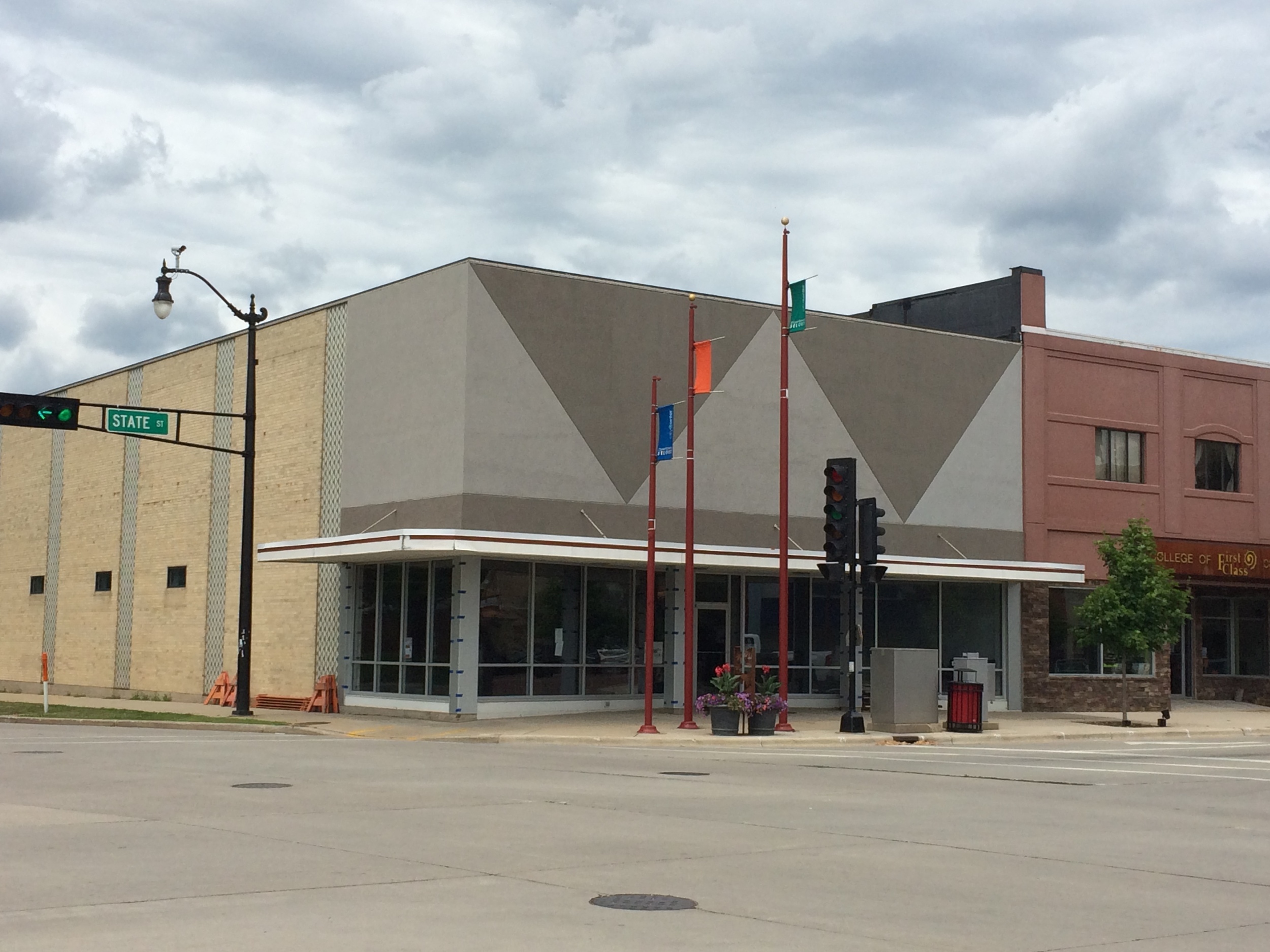 On the Corner of State and Broad. Parking available in front angle parking or behind the building. 