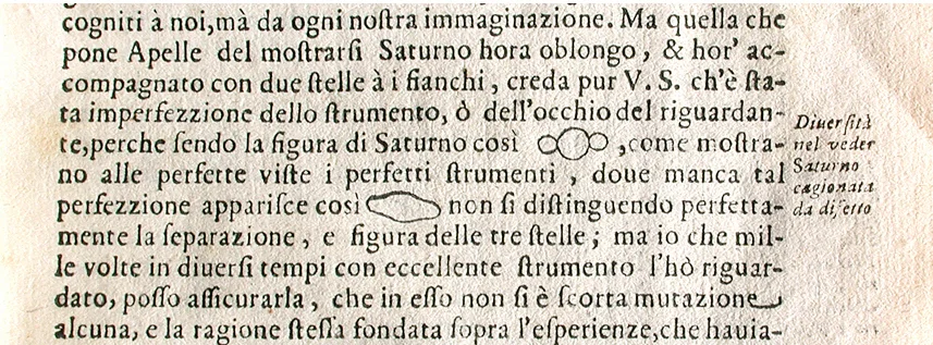 From his telescope in Florence, Galileo glimpses Saturn.