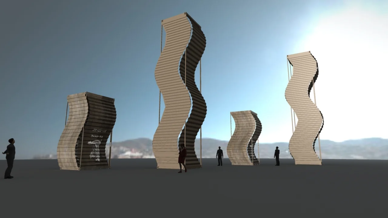 As the night went on, my designs became a little more abstract. 20ft and 40ft containers laid upright.