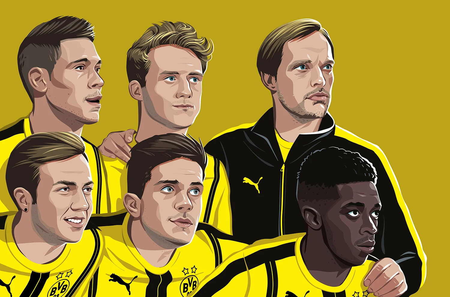 Clockwise from top L: Raphael Guerreiro / André Schürrle / Thomas Tuchel / Ousmane Dembélé / Marc Bartra / Mario Götze for Bundesliga Magazine / AD Raphael Honigstein