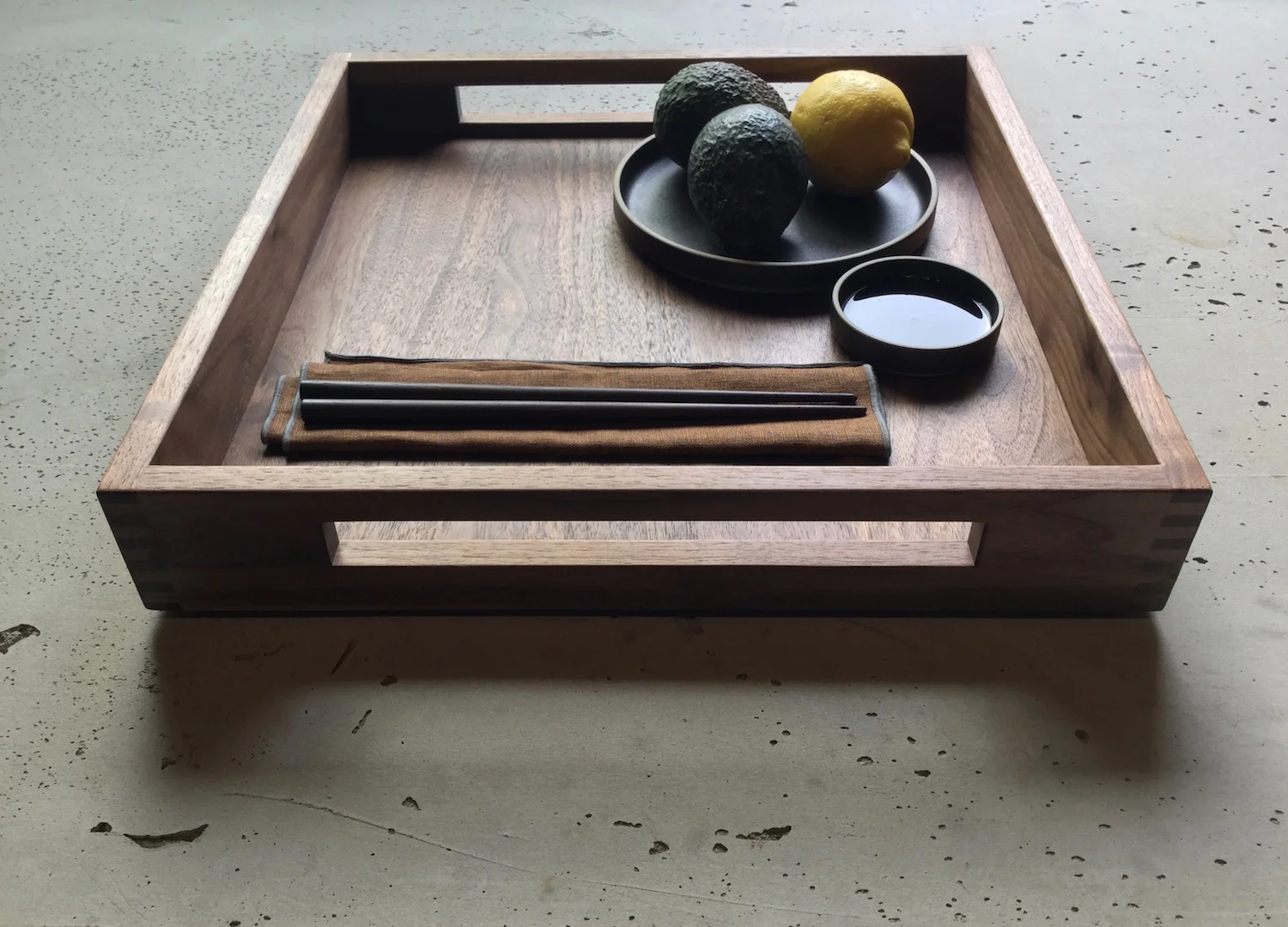 Square Solid Walnut Trays With Slotted Handles