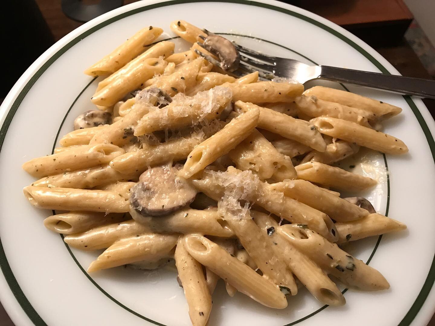 A Penne Pasta in a Baby Bella Mushroom Parmesan Garlic and Lemon Cream Sauce. The flavor and texture were fit to start the new year in style! #pasta #italianfood #italiancuisine #foodie #foodpics #cuisine #chef #chefsofinstagram #finecooking #gourmet
