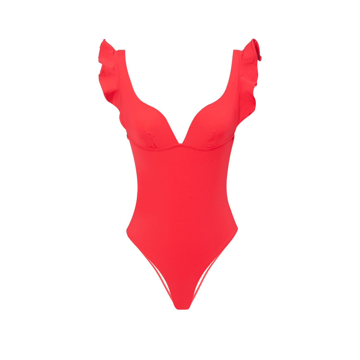 Searienas Red Toucan One Piece Low Neckline and Back with Shoulder Accent Frill Front View. JPG