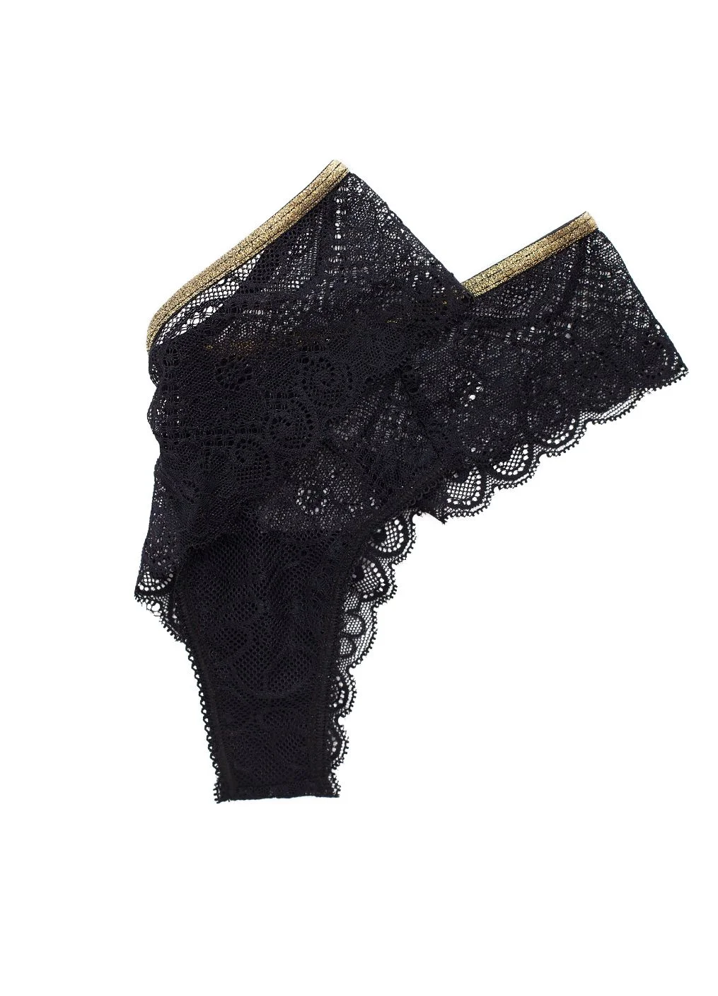 NAKED Intimates Areca Floral Black Lace Tanga Cheeky Panty With Gold Waistband Folded.JPG