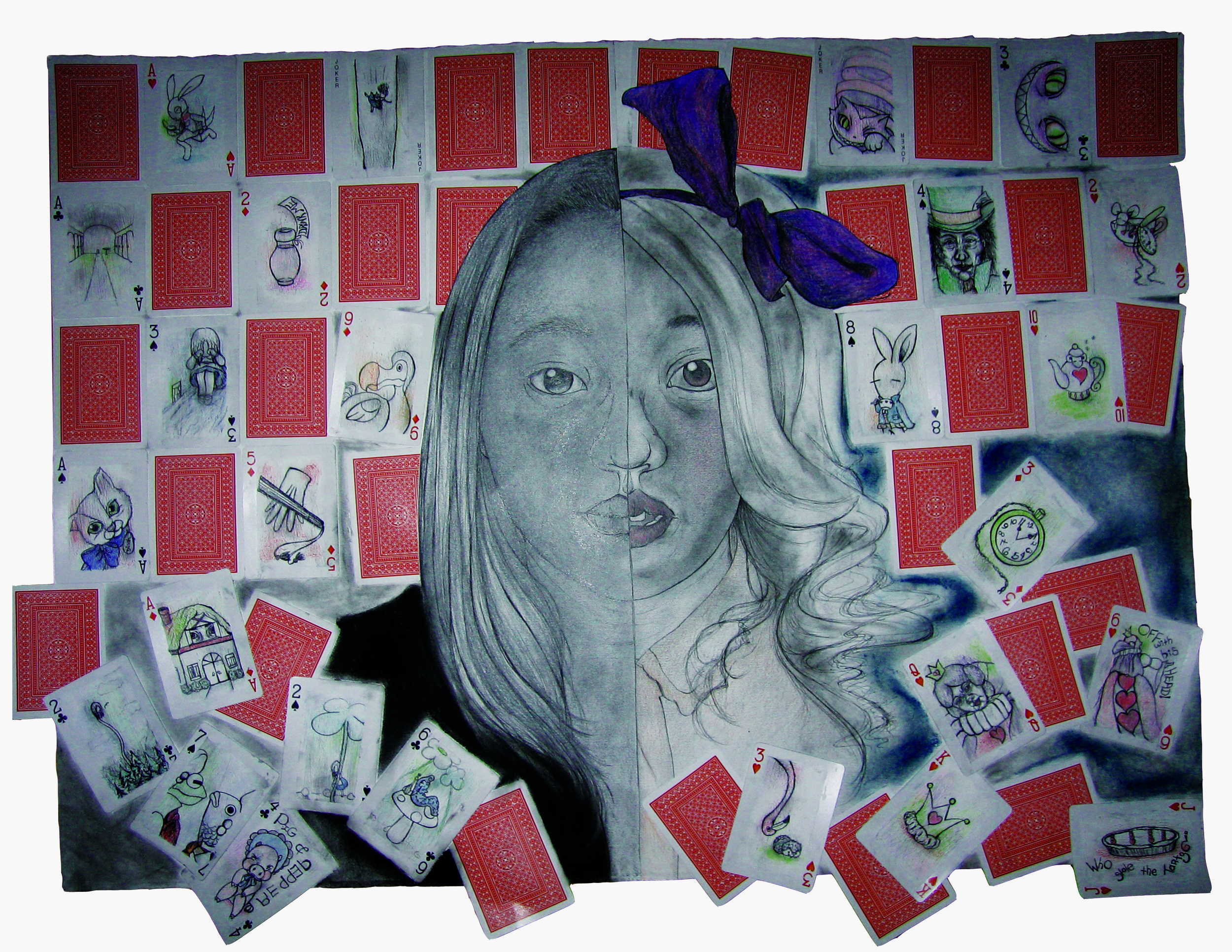 I in Alice . May 2010. Mixed Media (Pencil, Ink, Charcoal, Color Pencil, Pastel, Playing Cards). 30"x22".