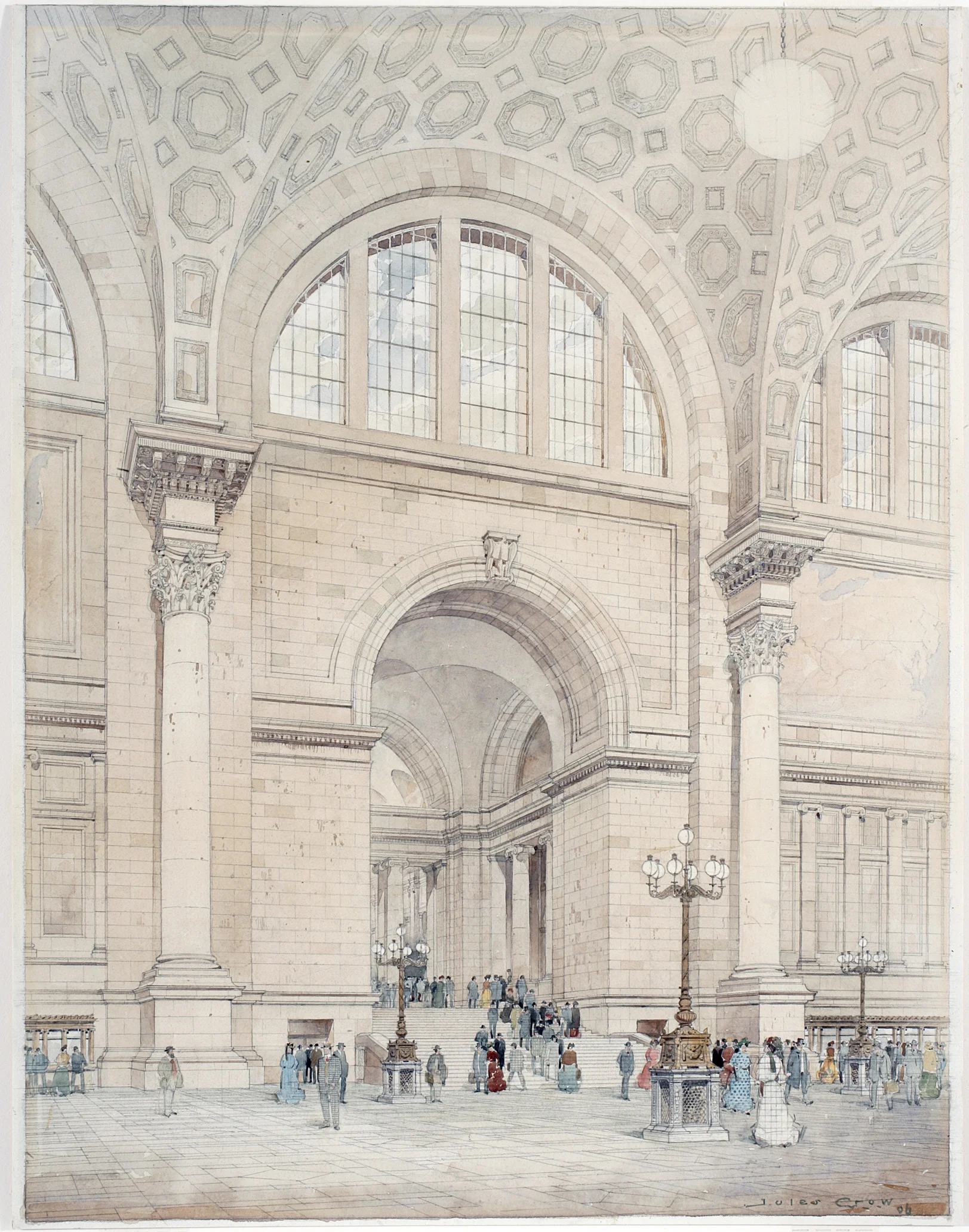 Jules Crow, Pennsylvania Station Interior , 1906. Watercolor, Ink and Graphite on Paper. New-York Historical Society, PR042, Mckim, Mead & White Collection