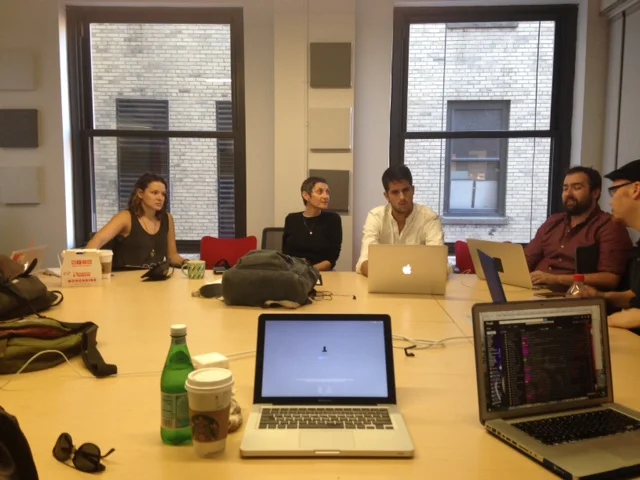 From left to right: Allison Rerecich (assistant to the director), Mindy Cooper (director), Jason Sherwood (scenic designer), Brad Peterson (projection design), 1/4 of Rome Brown (production manager)