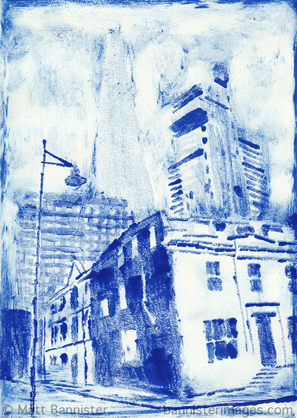Monoprint. Blue printing ink (diluted, neat and wiped). Printed on damp 220 gsm paper.