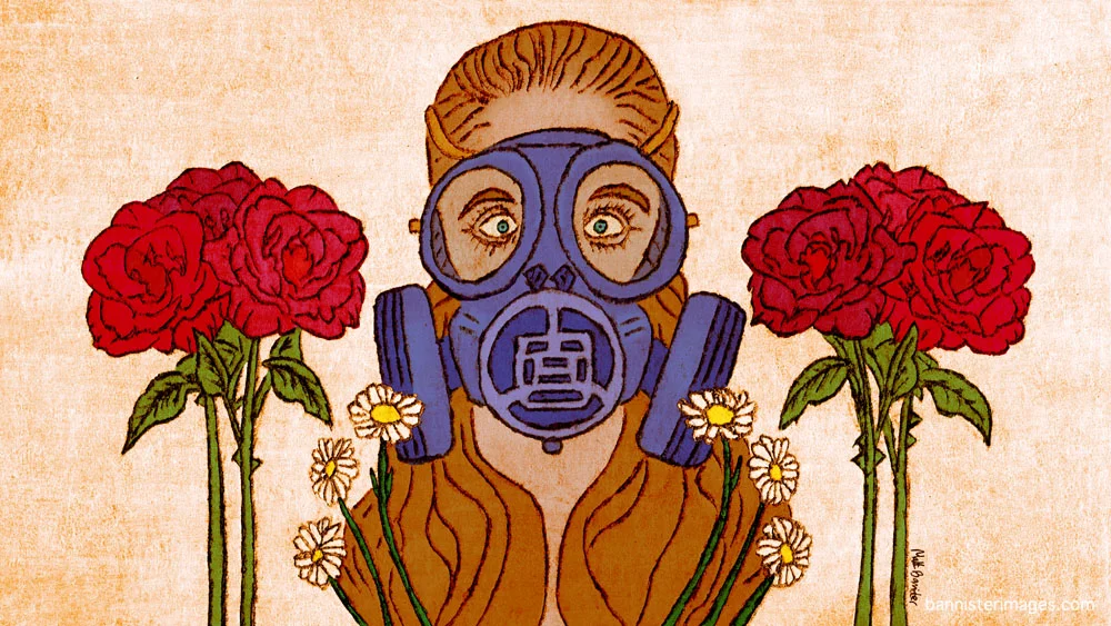 Illustration of a girl in a breathing mask with flowers