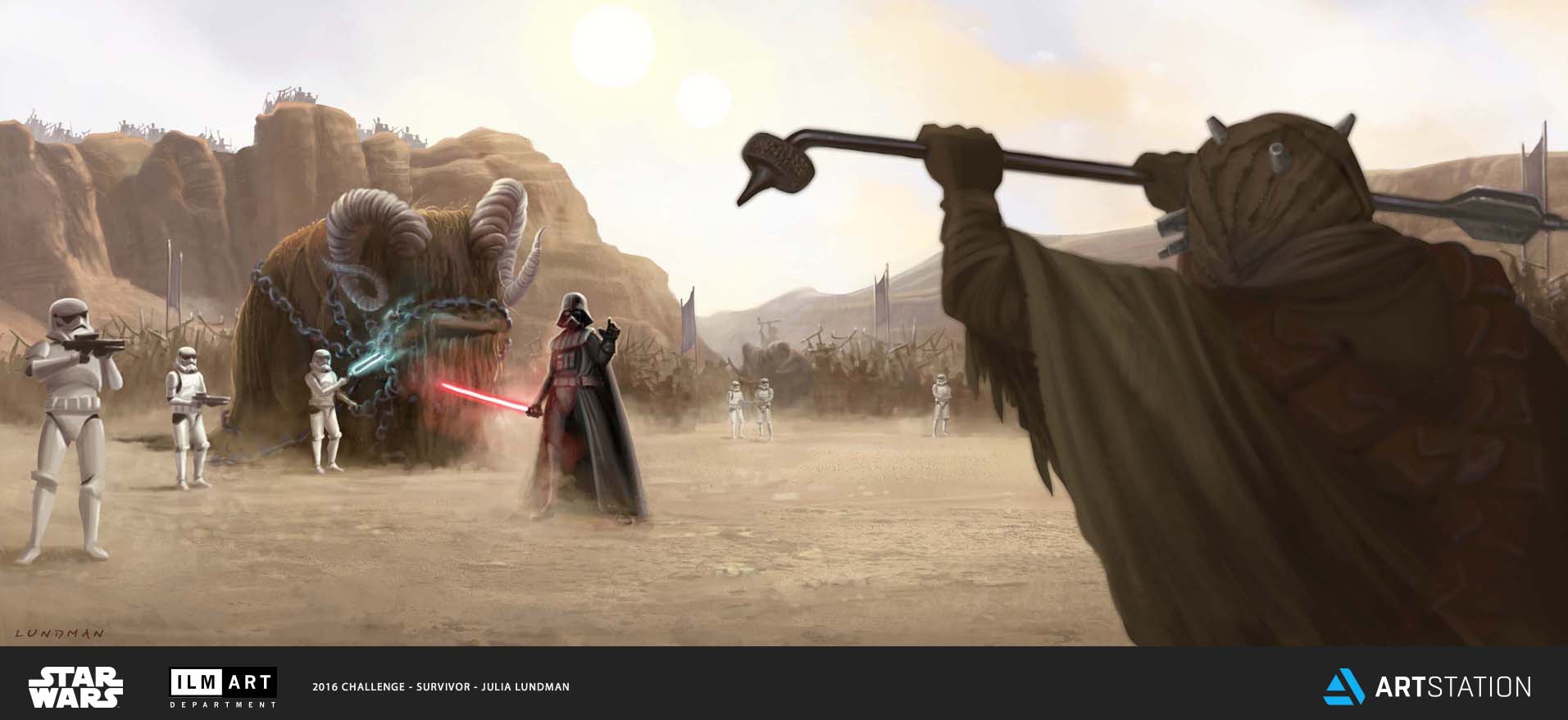 KEYFRAME 1: WHILE ON TATOOINE SEARCHING FOR THE MISSING DEATH STAR PLANS, DARTH VADER CONFRONTS THE LEADER OF A TUSKEN RAIDER TRIBE BY THREATENING AND KILLING HIS BANTHA.