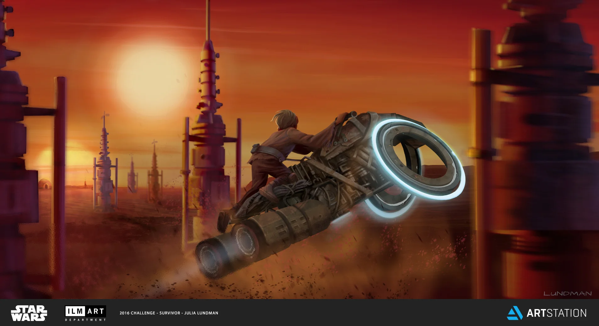 KEYFRAME 3: WHEN LUKE SKYWALKER WAS TWELVE, HE BUILT A CUSTOM MADE SPEEDER BIKE OUT OF SPARE FARM PARTS AND OLD MINING EQUIPMENT HE FOUND IN THE DESERT, STRAPPING IT ALL TOGETHER AS BEST HE COULD. AT SUNSET AFTER A HARD DAY'S WORK ON THE FARM, HE WOULD OFTEN RACE THROUGH FIELDS OF MOISTURE VAPORATORS, MUCH TO AUNT BERU'S CONCERN.